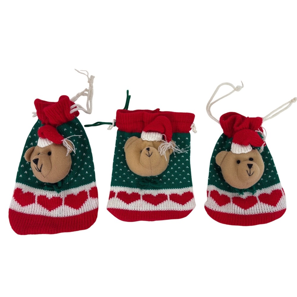 Vintage Emrad Creations Knit Christmas Teddy Bear Gift Bags Set of 3 Drawstring
